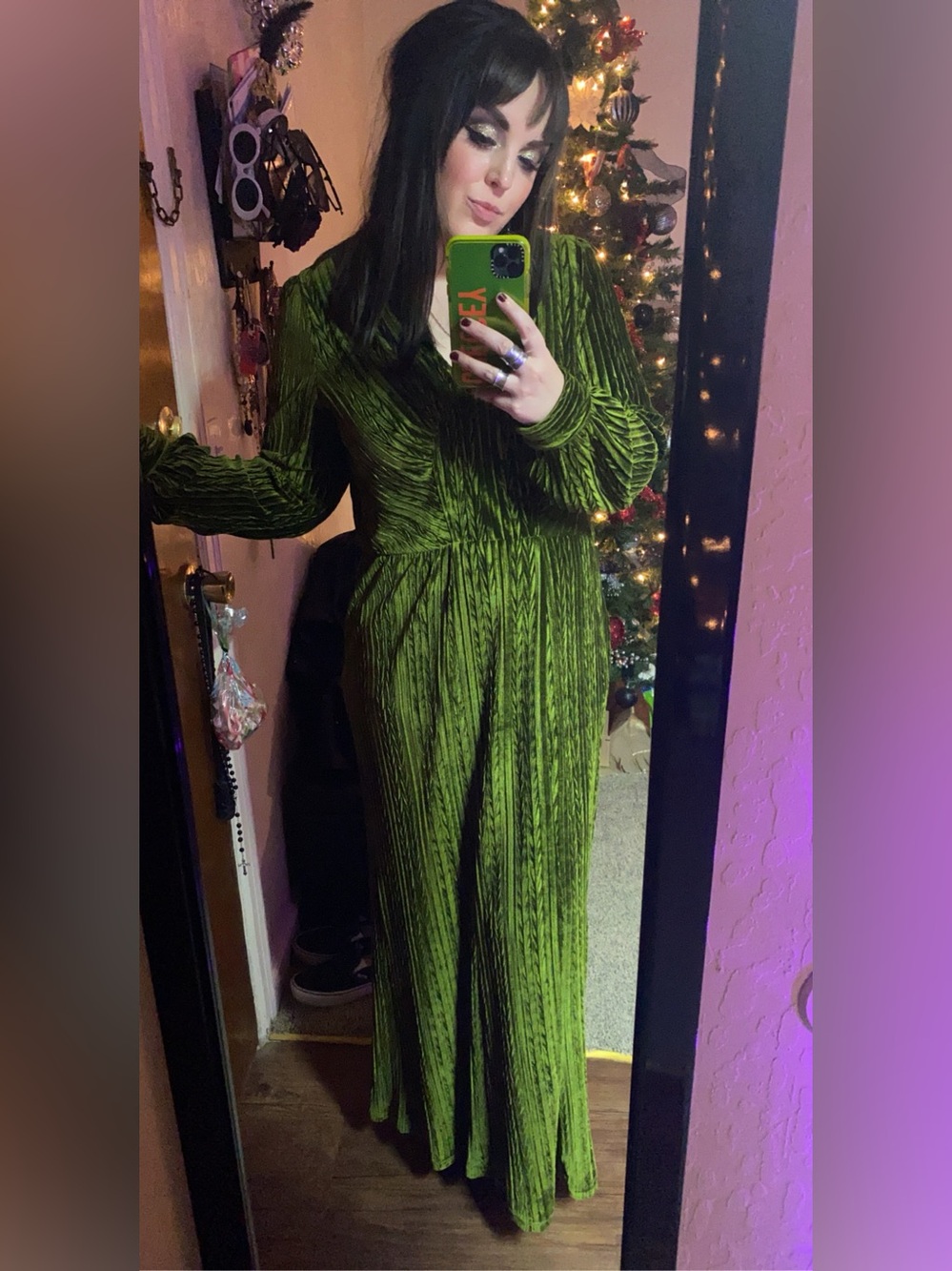 70s Velvet Green Long Sleeve Maxi Dress